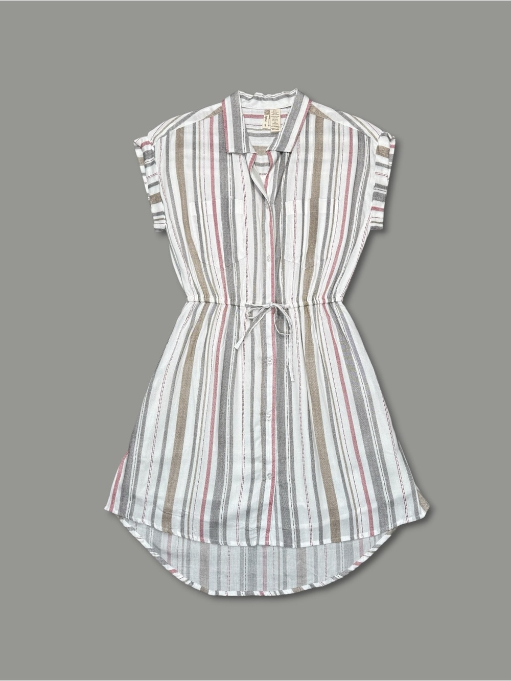 Japna Striped Button Up Shirt Dress White Multi S High Low Pockets Casual Summer